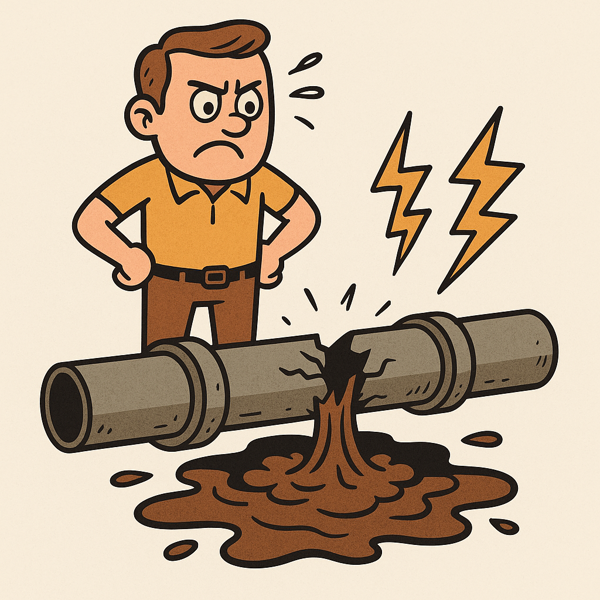 Cartoon man stands with hands on hips, frowning at a broken sewer pipe that is leaking brown sludge, with yellow lightning bolts highlighting the damage.