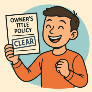 The image is a bright, cartoon-style illustration of a smiling homebuyer holding up a paper that says “OWNER’S TITLE POLICY” with the word “CLEAR” stamped across it. The buyer looks happy and confident, wearing an orange shirt, and standing against a simple blue circle background. The overall style is cheerful and playful, highlighting the positive feeling of receiving clear title.