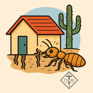 A friendly, cartoon-style illustration of a termite next to a small adobe-style house in the desert. Mud tubes are shown climbing the base of the house, and a tall cactus stands nearby. The Tyche Real Estate logo is placed at the bottom corner.
