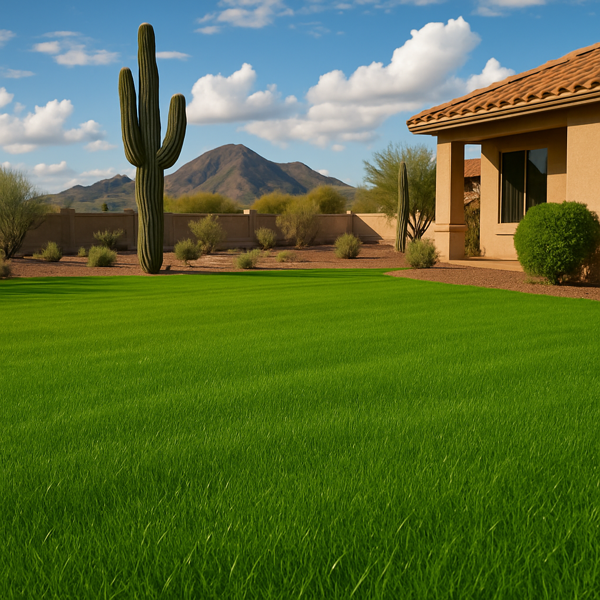A bright Arizona backyard with a perfectly manicured, lush green lawn of winter ryegrass. A tall saguaro cactus stands to the left, while a desert-style stucco home with a terracotta tile roof sits on the right. In the distance, desert shrubs, a beige block wall, and rugged mountains rise under a vivid blue sky scattered with soft white clouds. The scene contrasts the deep green grass with Arizona’s warm desert tones, creating a fresh and vibrant look.