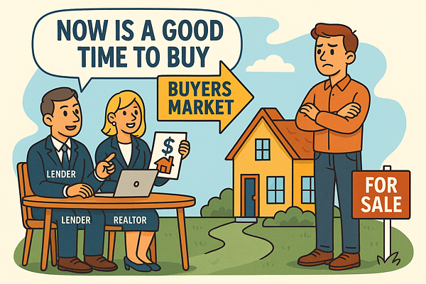 Cartoon of a realtor and lender sitting at a table telling a buyer that now is a good time to buy in a buyers market. A yellow house with a for sale sign is shown in the background.