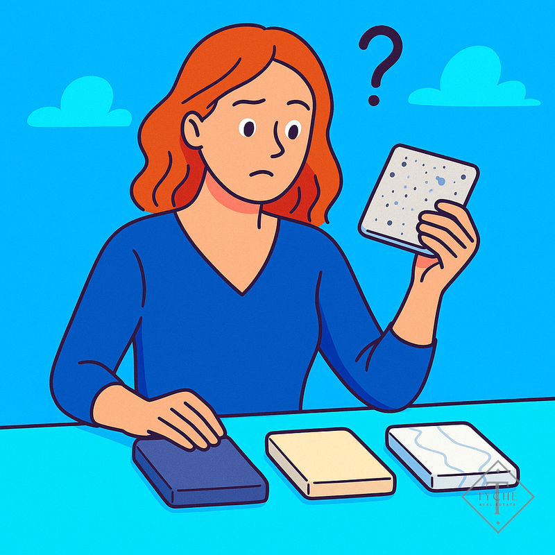 Cartoon illustration of a woman with reddish-brown hair wearing a navy shirt, sitting at a table and comparing countertop samples. She looks uncertain while holding one sample in her hand, with a question mark floating above her head. Three countertop samples are lined up on the table in front of her. The Tyche Real Estate logo is in the bottom-right corner