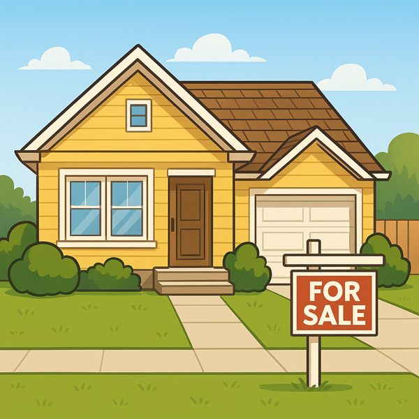 Cartoon-style yellow house with clean windows, trimmed bushes, and a bright red ‘For Sale’ sign in the yard under a sunny sky.