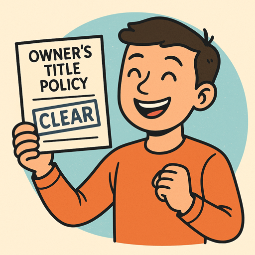 The image is a bright, cartoon-style illustration of a smiling homebuyer holding up a paper that says “OWNER’S TITLE POLICY” with the word “CLEAR” stamped across it. The buyer looks happy and confident, wearing an orange shirt, and standing against a simple blue circle background. The overall style is cheerful and playful, highlighting the positive feeling of receiving clear title.