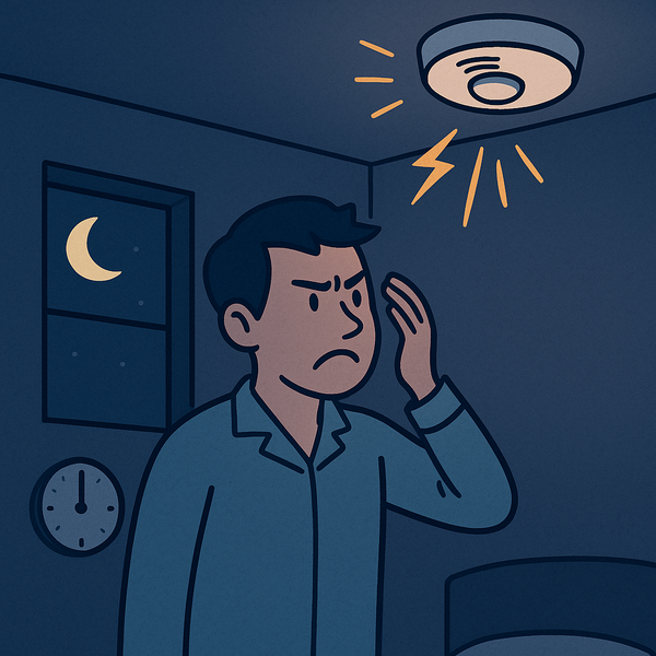 Illustration of a man in pajamas looking irritated at a smoke detector beeping above him in a dimly lit room. A crescent moon outside the window suggests it’s late at night.