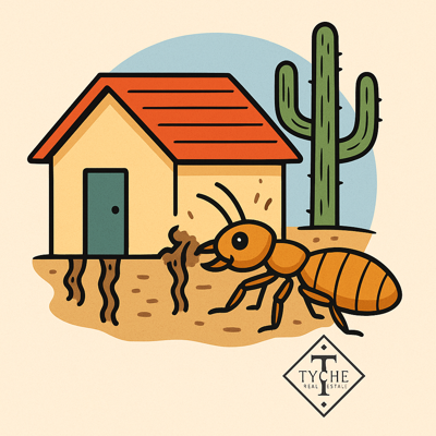 A friendly, cartoon-style illustration of a termite next to a small adobe-style house in the desert. Mud tubes are shown climbing the base of the house, and a tall cactus stands nearby. The Tyche Real Estate logo is placed at the bottom corner.
