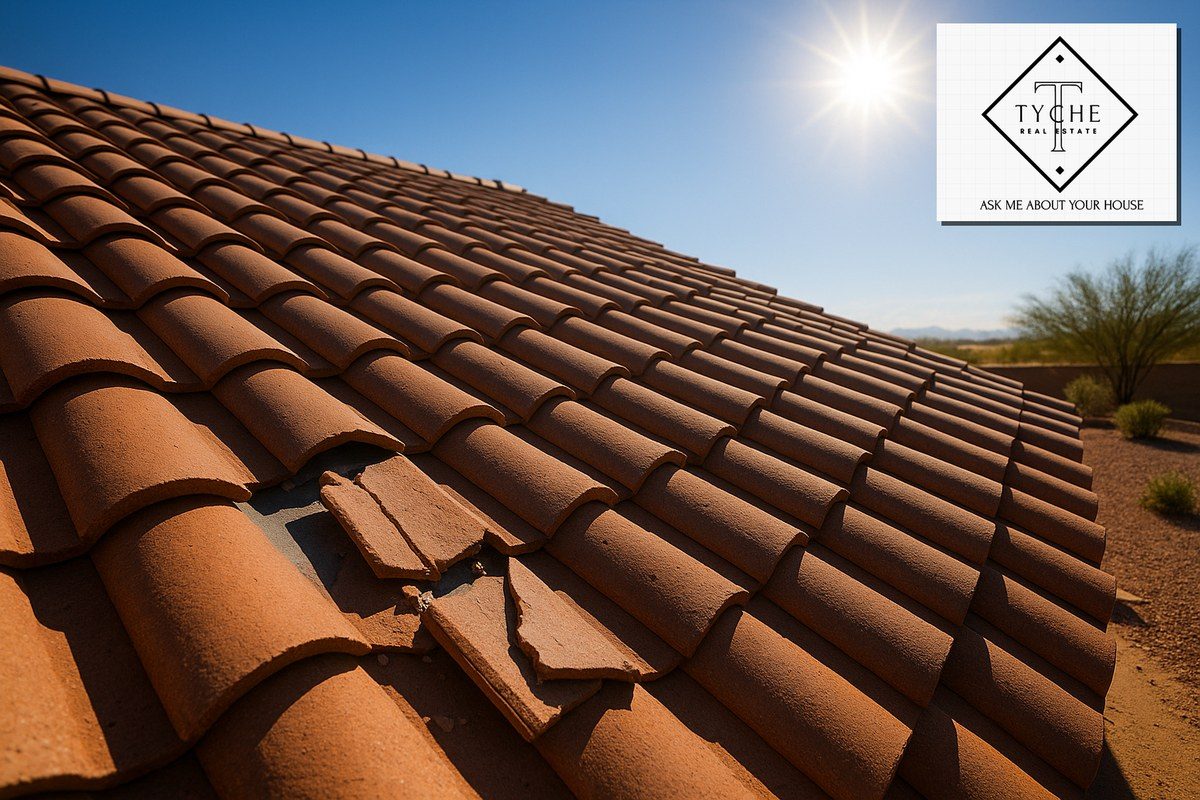 A close-up view of a terracotta tile roof in bright Arizona sunlight. Several tiles near the foreground are cracked and displaced, revealing the underlayment below. The background sky is clear and blue with the sun high and intense. The Tyche Real Estate diamond logo appears in the upper-right portion of the sky with a subtle drop shadow. No people are present; desert plants are faintly visible along the roofline.